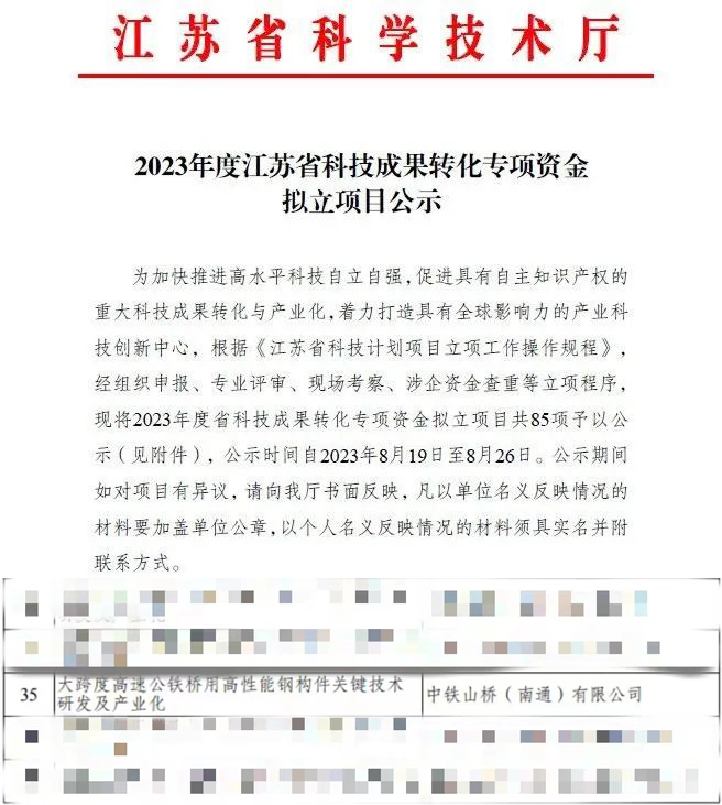 中铁山桥南通公司获2023年度江苏省科技成果转化专项资金立项支持(图1)