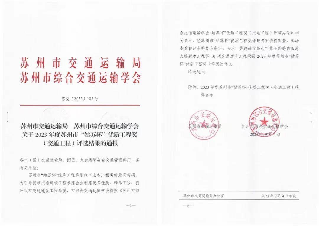 昆山市景王路跨青阳港大桥获苏州市“姑苏杯”优质工程奖(图1)