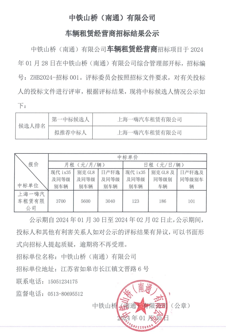 中铁山桥（南通）有限公司车辆租赁经营商招标结果公示(图1)